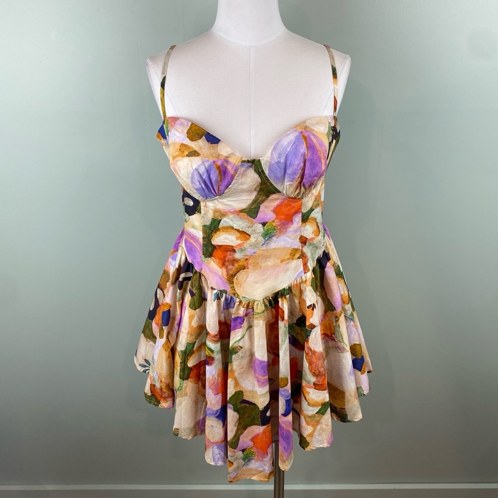 Luxxel Floral Watercolor Mini Dress in Purple, Orange, Green, Cream